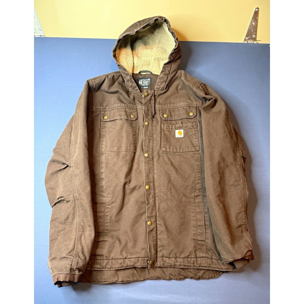 Carhartt Brown Sherpa Lined Hooded Work Jacket Mens XLT Big & Tall 103826 DKB